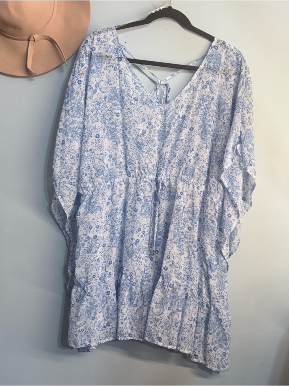XL boho coastal Blue & White Floral swim coverup